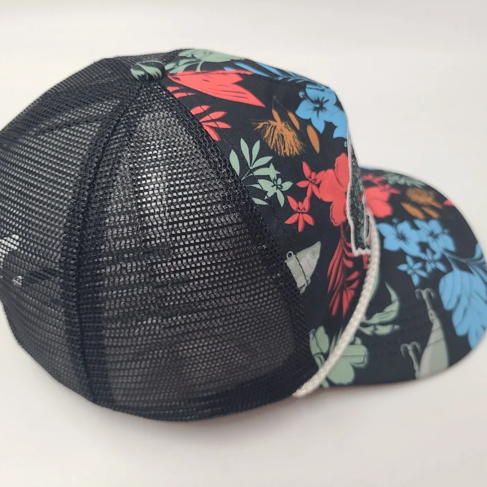 Bass Pro Shops Hat Snapback Trucker Mesh Black Floral Rope Tropical Fish Outdoor